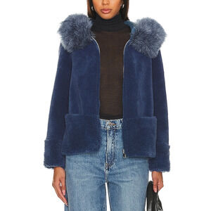Bubish 'Maya' Blue Sherpa Faux Fur Collar Jacket Size L